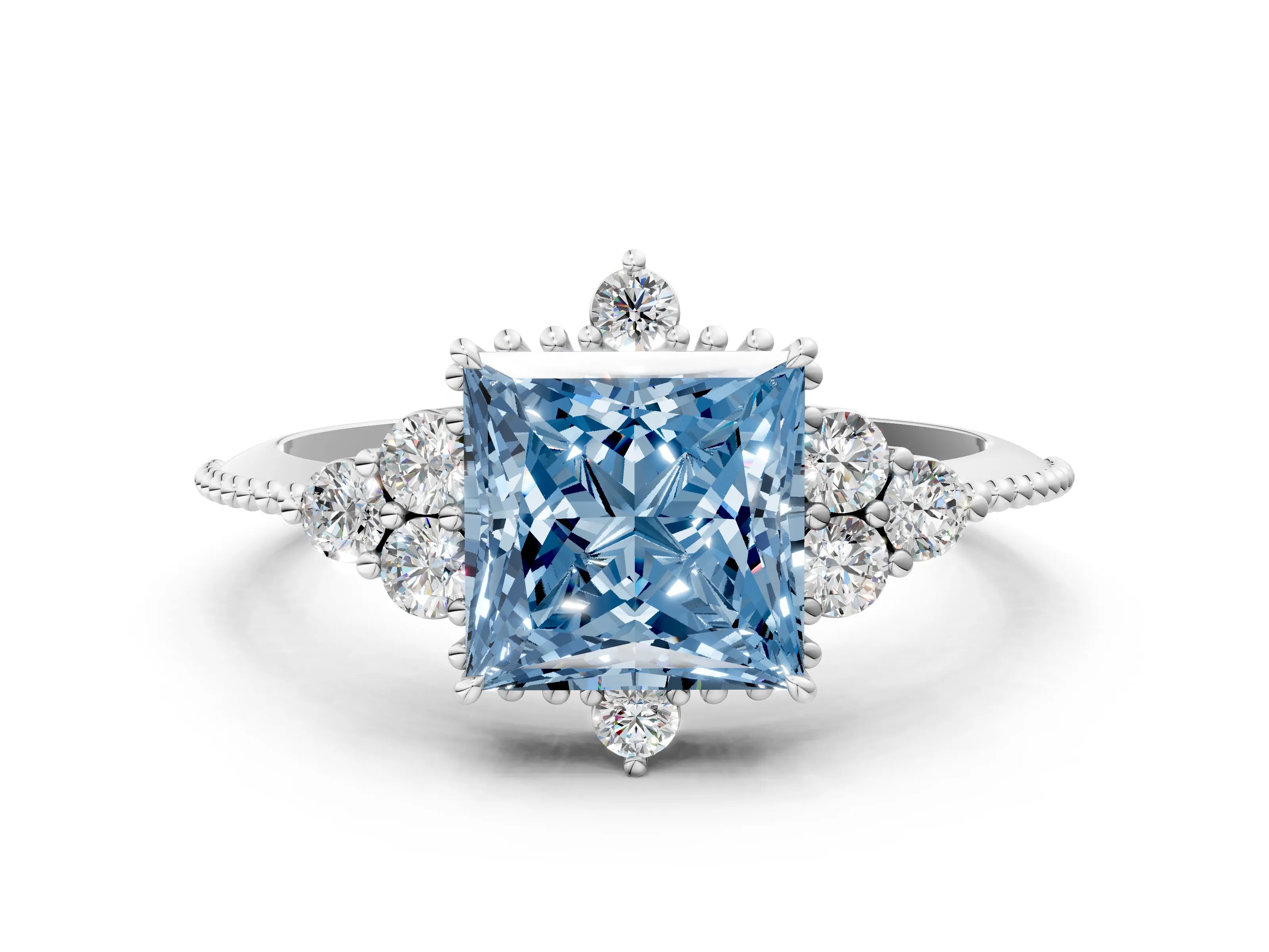White gold Fancy Blue Princess Cut Brilliant Diamond with Cluster Setting on a Beaded Band and Four-Prong Setting_12