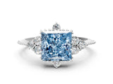 White gold Fancy Blue Princess Cut Brilliant Diamond with Cluster Setting on a Beaded Band and Four-Prong Setting_12