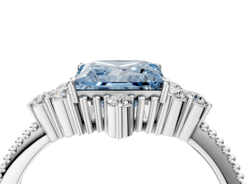 White gold Fancy Blue Princess Cut Brilliant Diamond with Cluster Setting on a Beaded Band and Four-Prong Setting_16