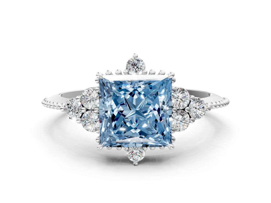 White gold Fancy Blue Princess Cut Brilliant Diamond with Cluster Setting on a Beaded Band and Four-Prong Setting_24
