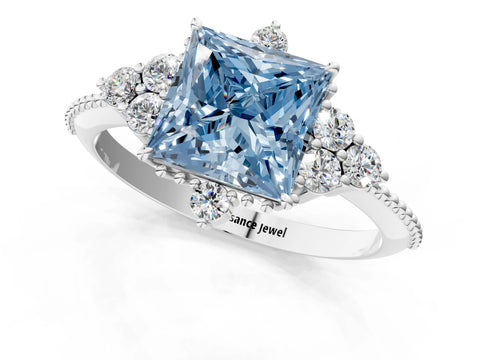 White gold Fancy Blue Princess Cut Brilliant Diamond with Cluster Setting on a Beaded Band and Four-Prong Setting_25