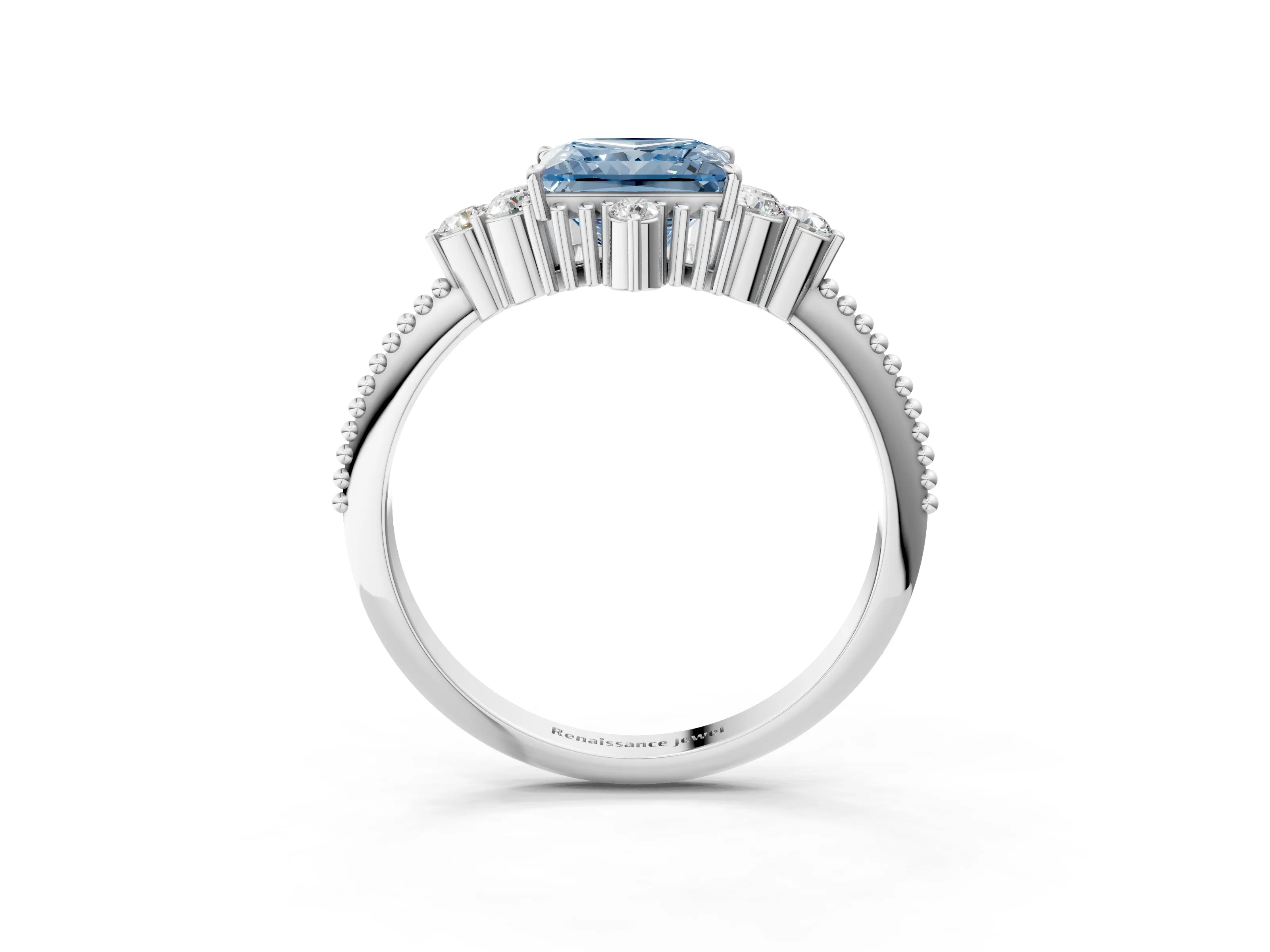White gold Fancy Blue Princess Cut Brilliant Diamond with Cluster Setting on a Beaded Band and Four-Prong Setting_27