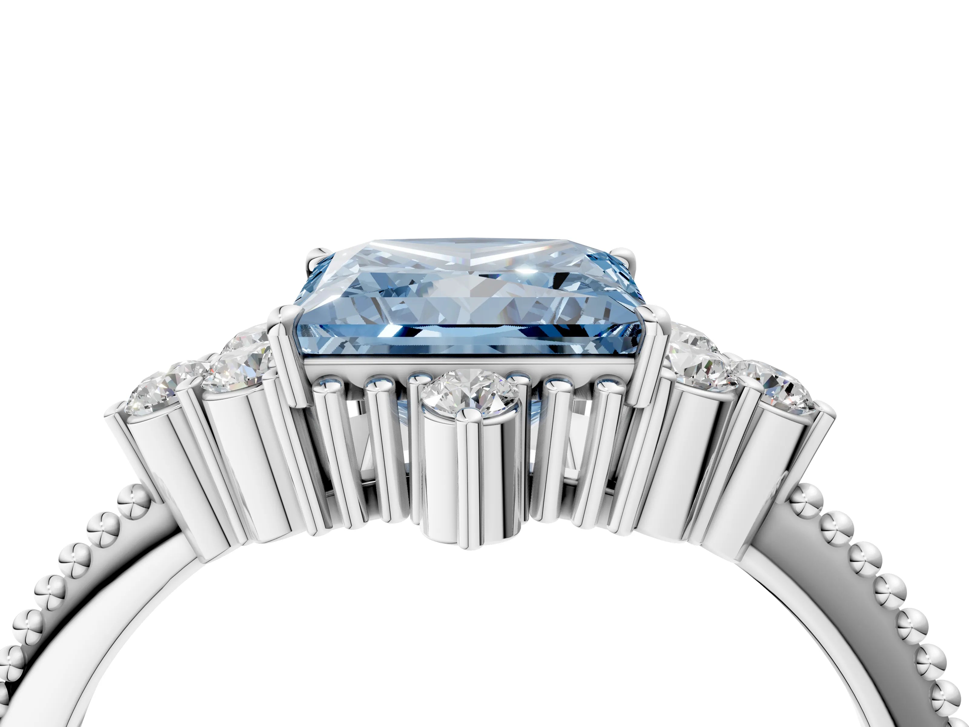 White gold Fancy Blue Princess Cut Brilliant Diamond with Cluster Setting on a Beaded Band and Four-Prong Setting_28