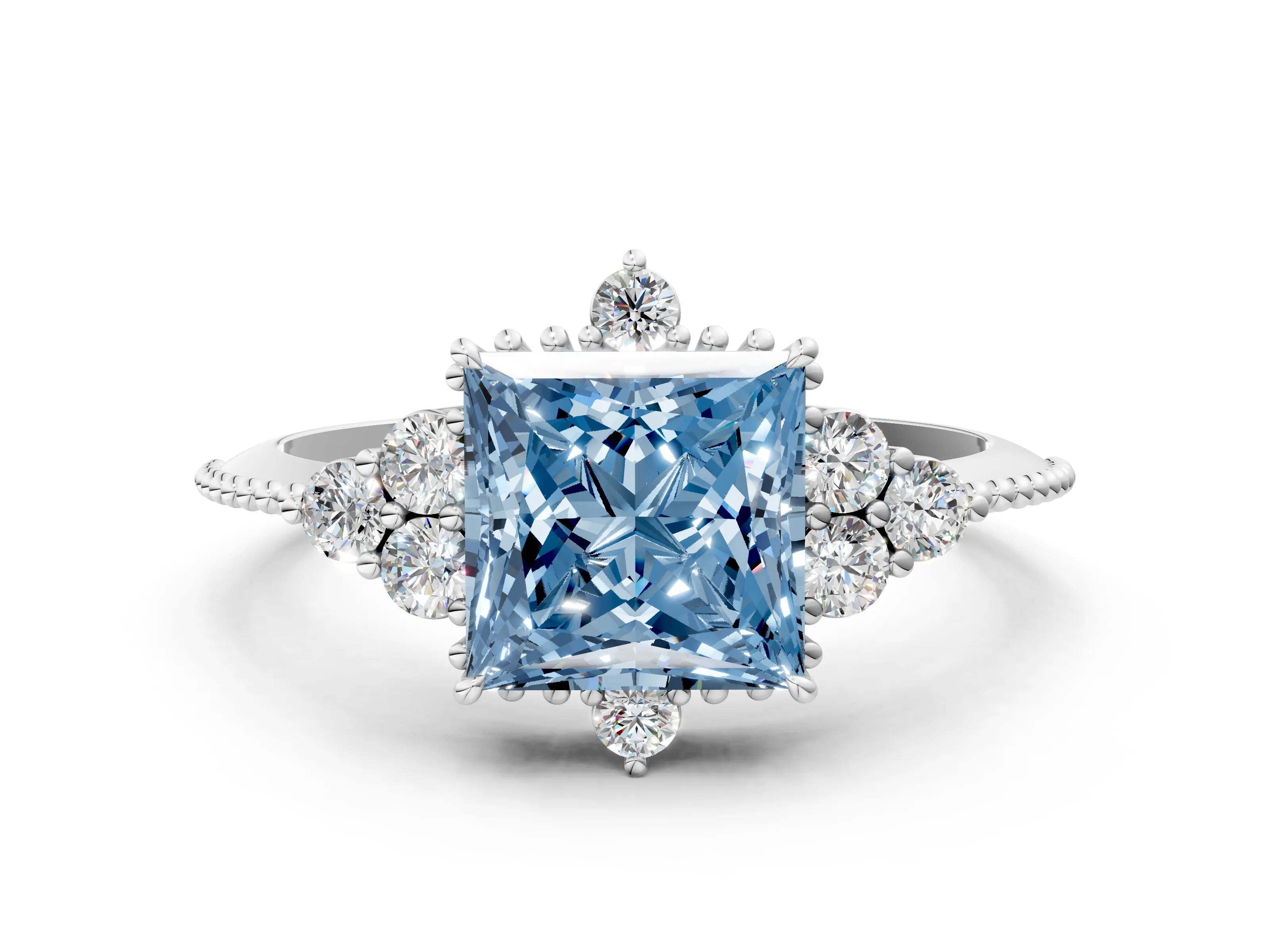 White gold Fancy Blue Princess Cut Brilliant Diamond with Cluster Setting on a Beaded Band and Four-Prong Setting_43