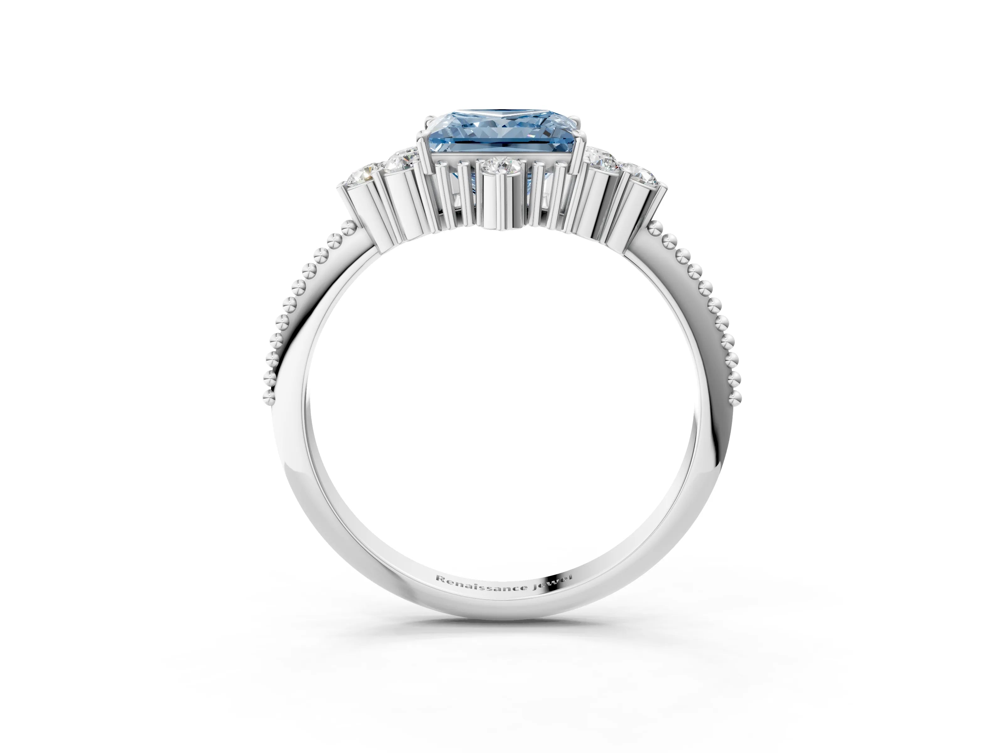 White gold Fancy Blue Princess Cut Brilliant Diamond with Cluster Setting on a Beaded Band and Four-Prong Setting_9