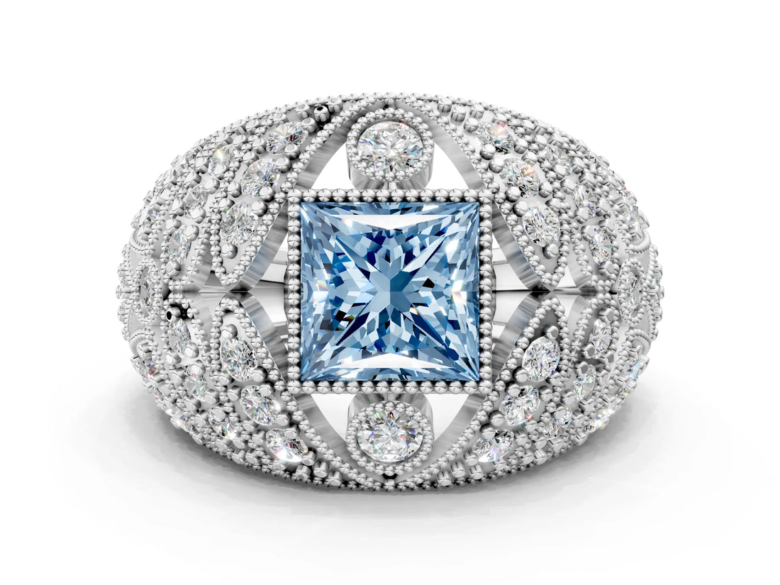 White gold Fancy Blue Princess Cut Brilliant Halo Pave Diamond Milgrain Ring