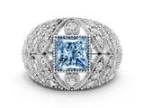 White gold Fancy Blue Princess Cut Brilliant Halo Pave Diamond Milgrain Ring
