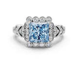 White gold Fancy Blue Princess Cut Brilliant Milgrain Pave Heart Band Solitaire Ring_12