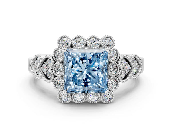 White gold Fancy Blue Princess Cut Brilliant Milgrain Pave Heart Band Solitaire Ring