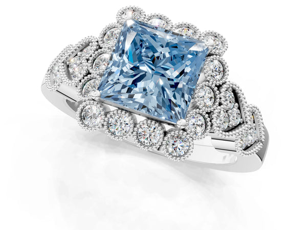 White gold Fancy Blue Princess Cut Brilliant Milgrain Pave Heart Band Solitaire Ring