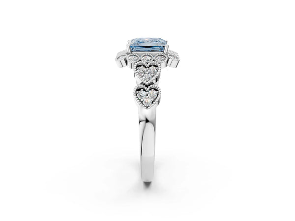 White gold Fancy Blue Princess Cut Brilliant Milgrain Pave Heart Band Solitaire Ring