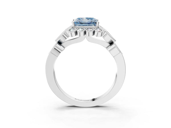 White gold Fancy Blue Princess Cut Brilliant Milgrain Pave Heart Band Solitaire Ring