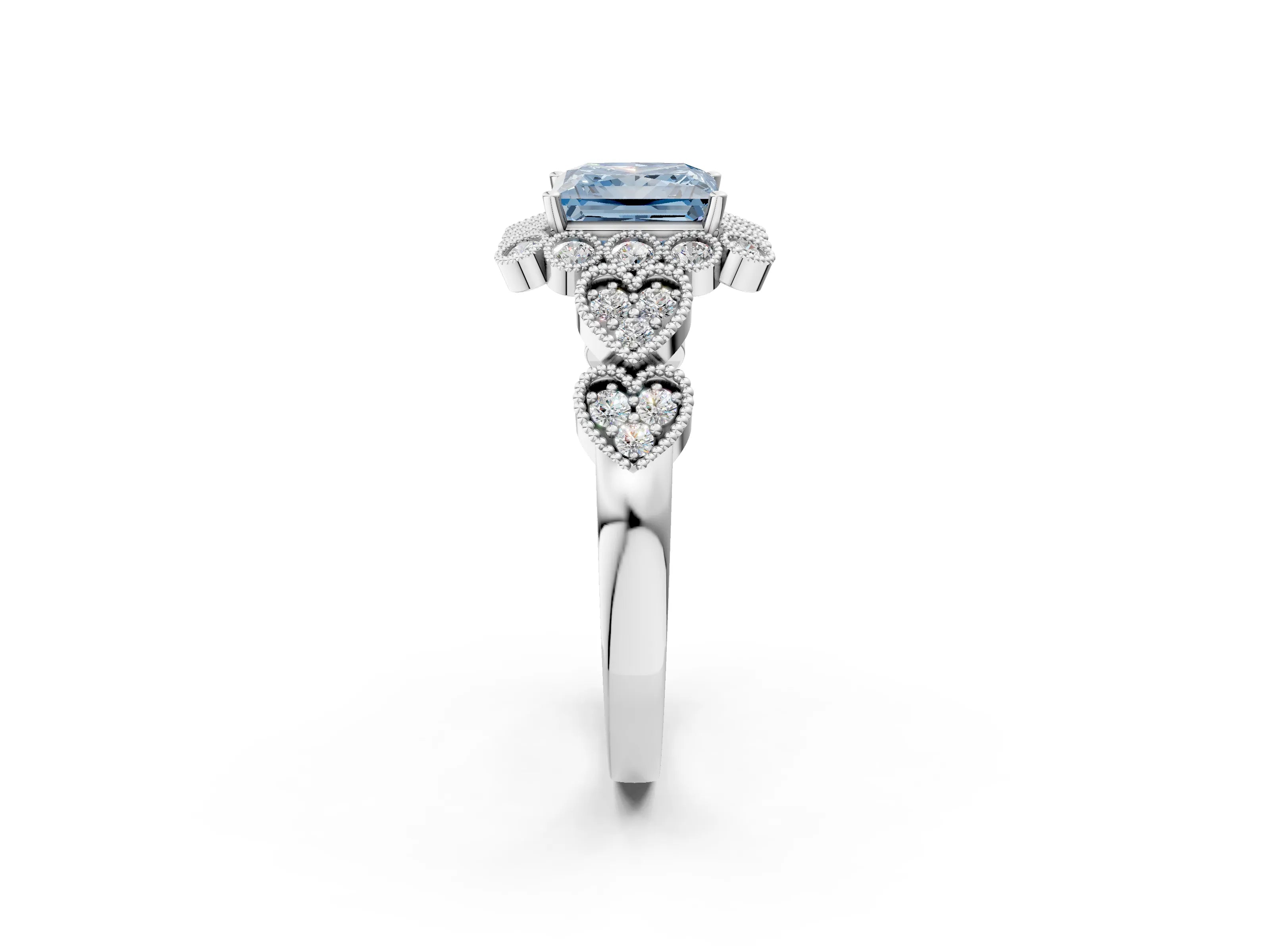 White gold Fancy Blue Princess Cut Brilliant Milgrain Pave Heart Band Solitaire Ring_2