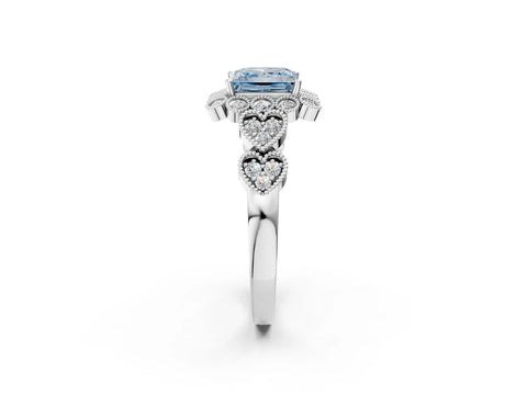 White gold Fancy Blue Princess Cut Brilliant Milgrain Pave Heart Band Solitaire Ring_2