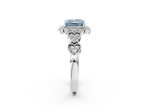 White gold Fancy Blue Princess Cut Brilliant Milgrain Pave Heart Band Solitaire Ring_2