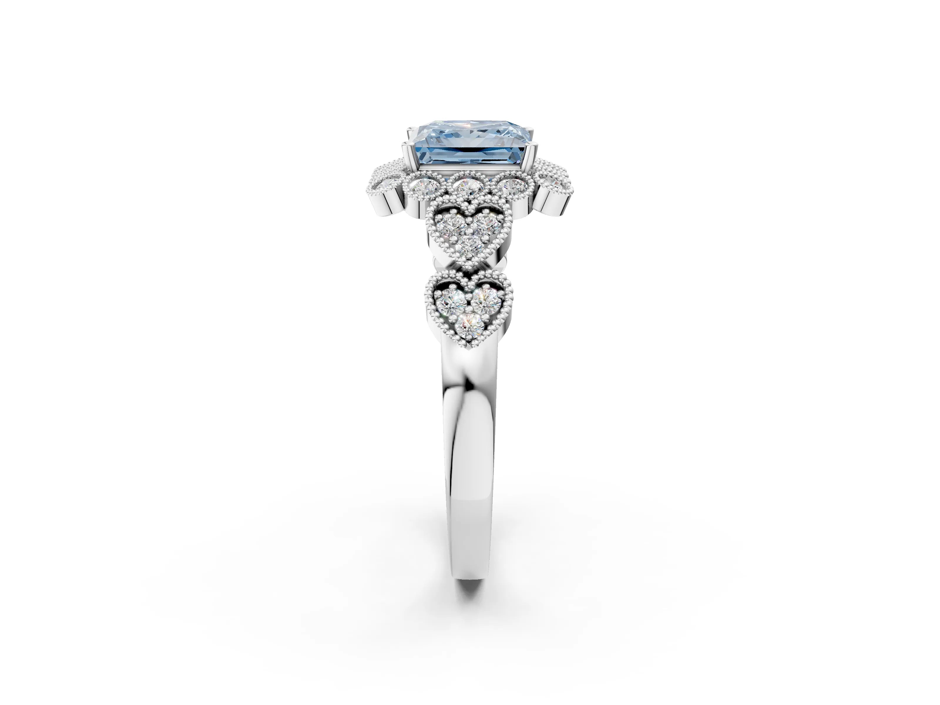 White gold Fancy Blue Princess Cut Brilliant Milgrain Pave Heart Band Solitaire Ring_3