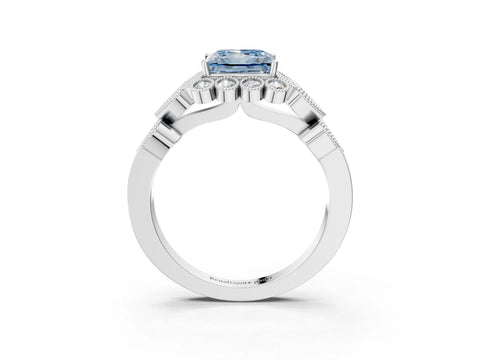 White gold Fancy Blue Princess Cut Brilliant Milgrain Pave Heart Band Solitaire Ring_3