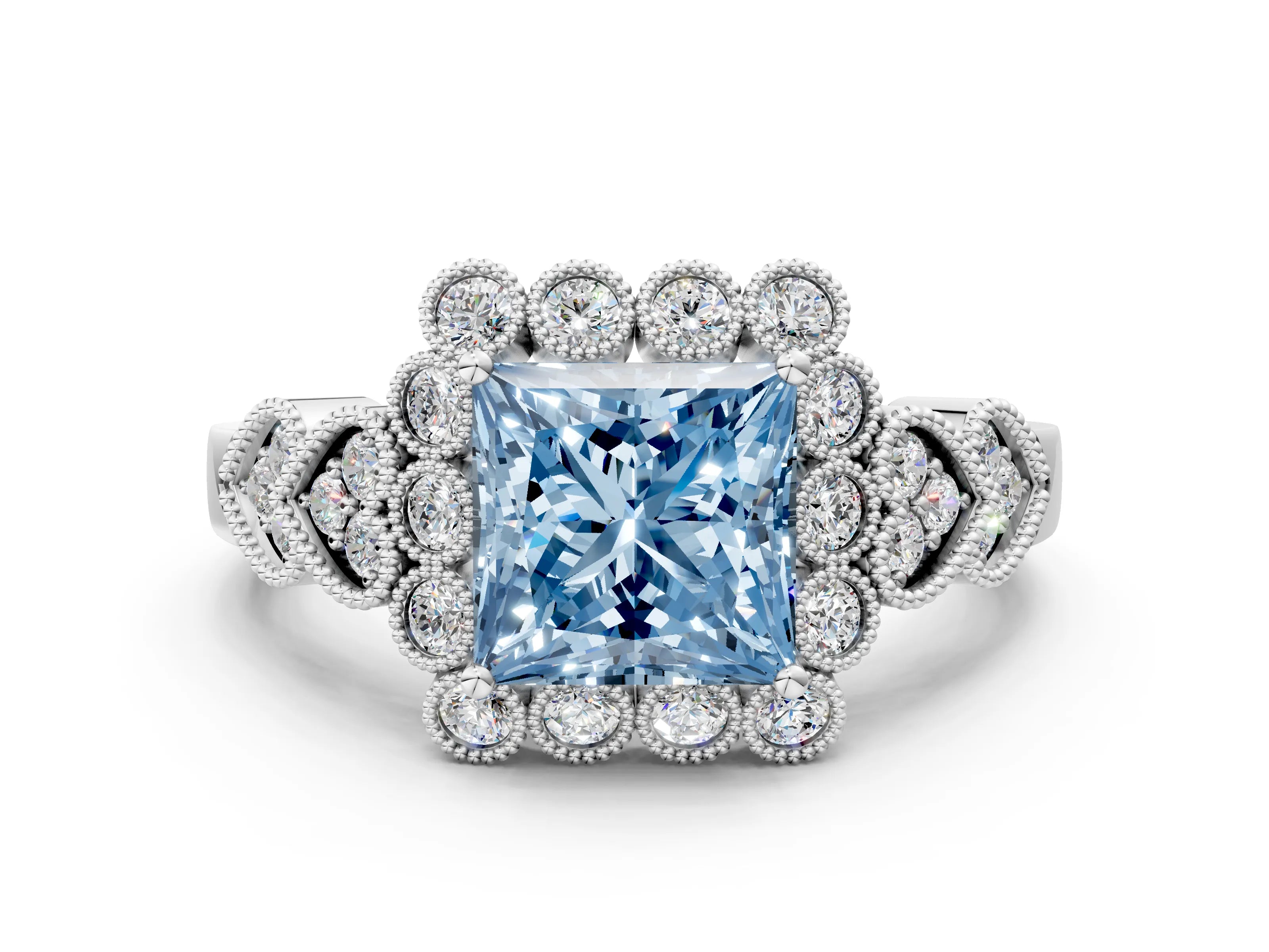 White gold Fancy Blue Princess Cut Brilliant Milgrain Pave Heart Band Solitaire Ring