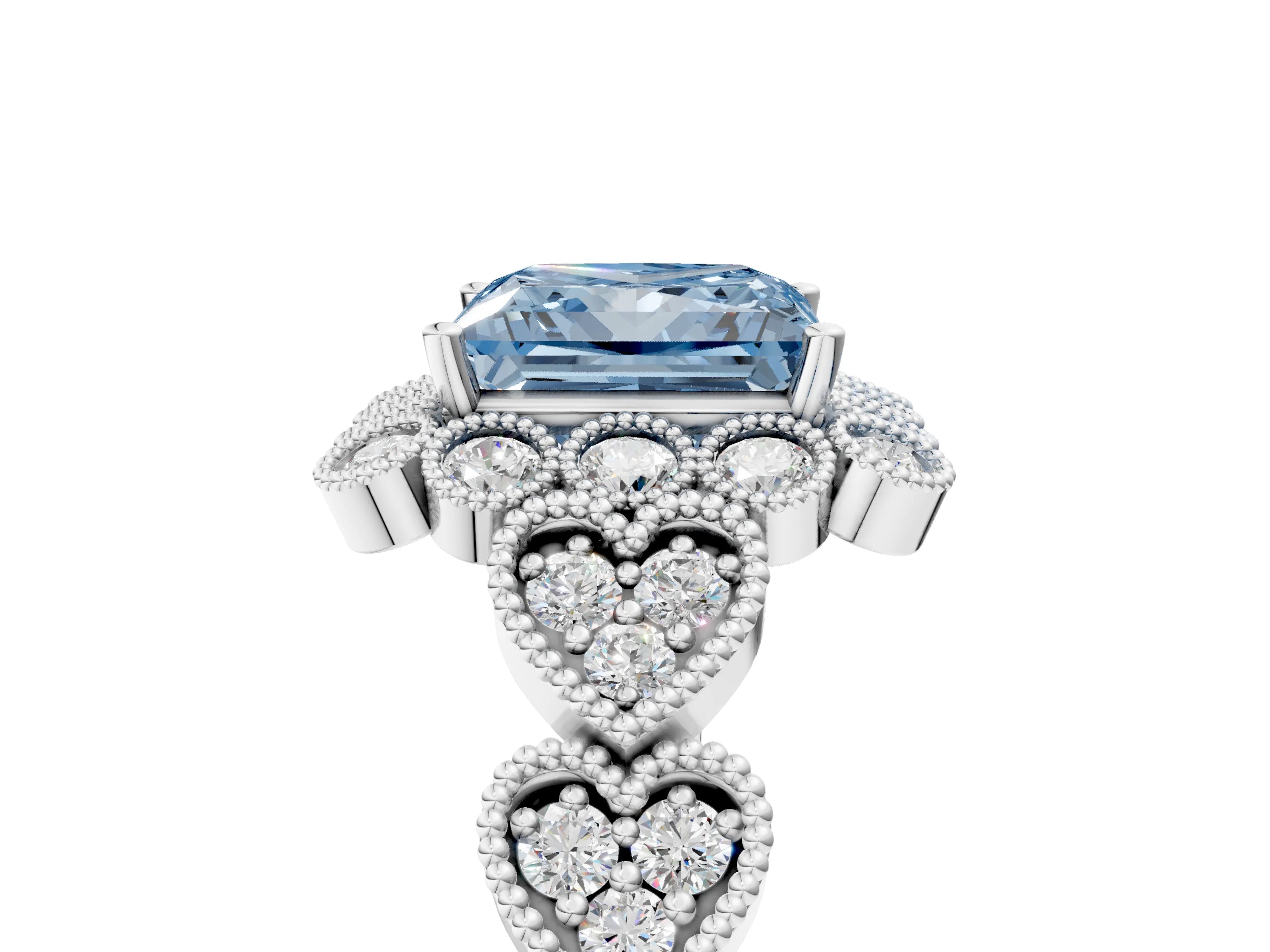 White gold Fancy Blue Princess Cut Brilliant Milgrain Pave Heart Band Solitaire Ring_5