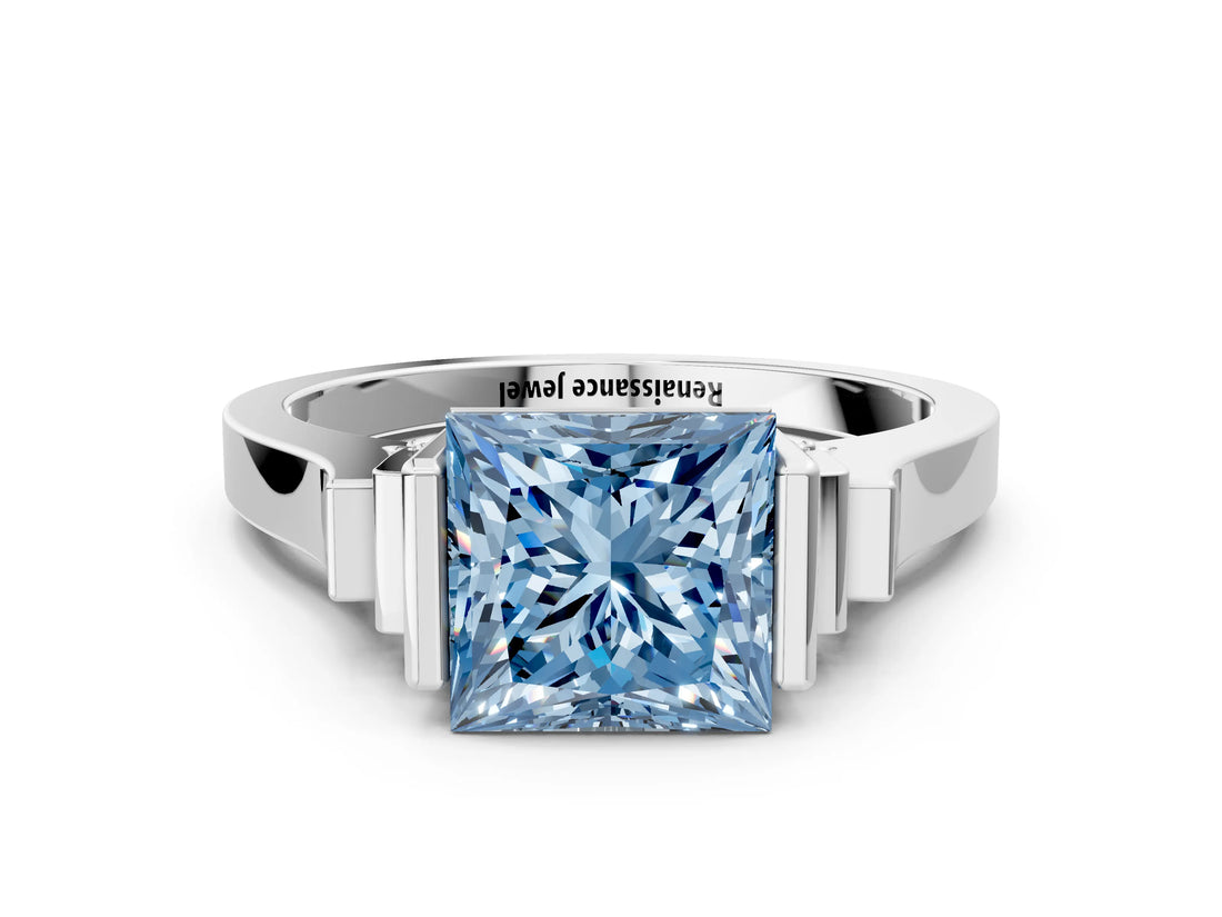 White gold Fancy Blue Princess Cut Brilliant Solitaire Diamond Ring with Channel Set Band and Bar Prong Setting_12