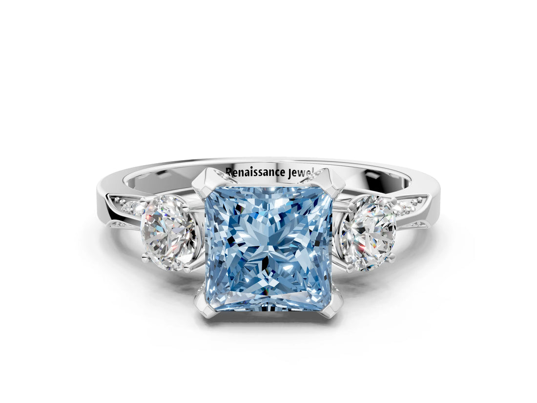 White gold Fancy Blue Princess Cut Brilliant Three-Stone Diamond Ring with Pavé Band and Four-Prong Setting_15