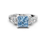 White gold Fancy Blue Princess Cut Brilliant Three-Stone Diamond Ring with Pavé Band and Four-Prong Setting_15