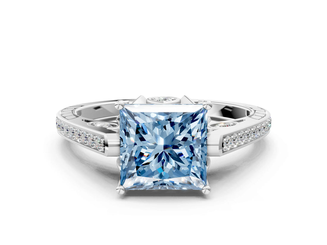White gold Fancy Blue Princess  Cut Cathedral Pave Diamond Engagement Ring with Six-Prong Setting_32