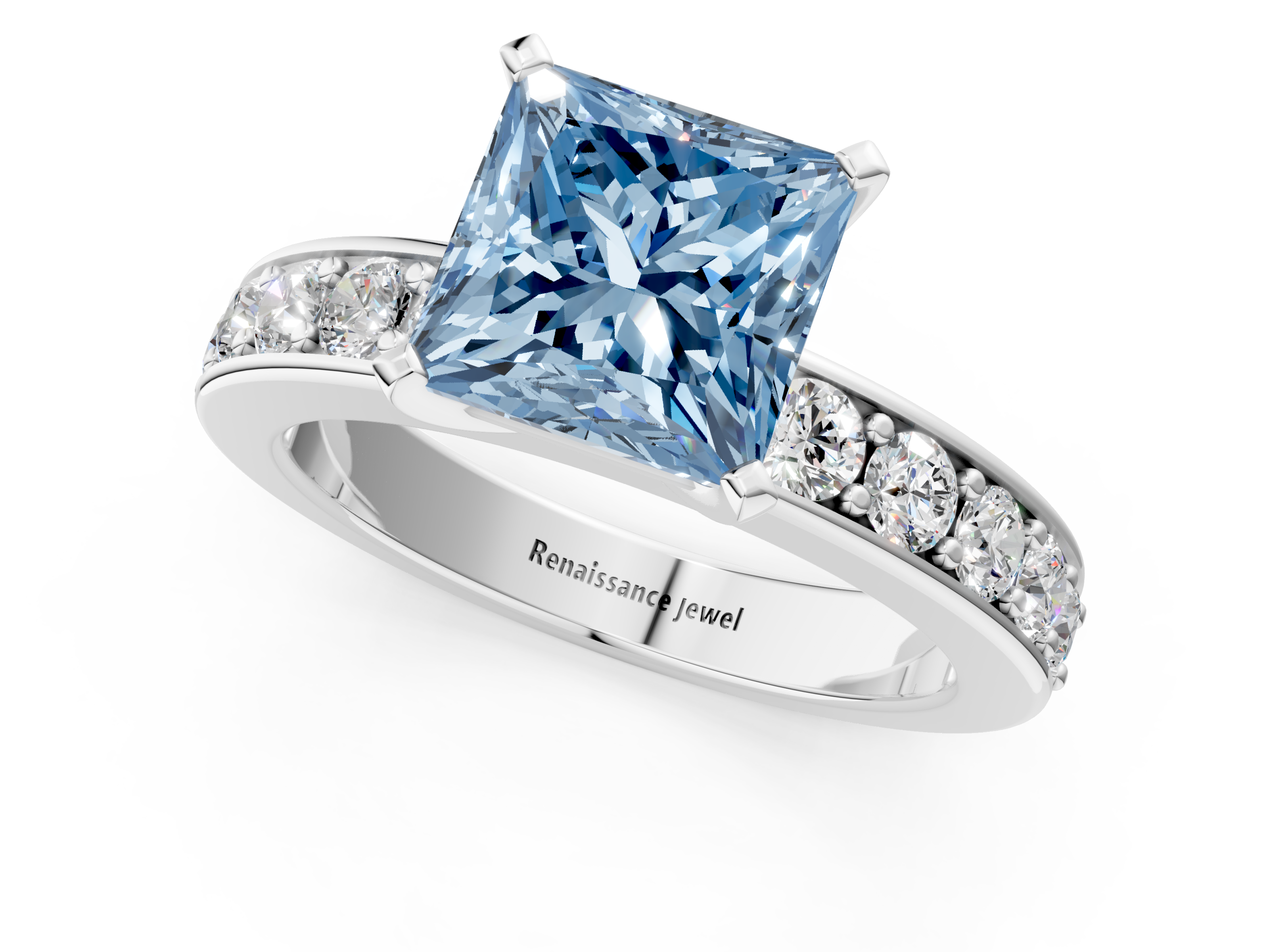 White gold Fancy Blue Princess  Cut Channel Set Diamond Engagement Ring with Four-Prong Setting_204