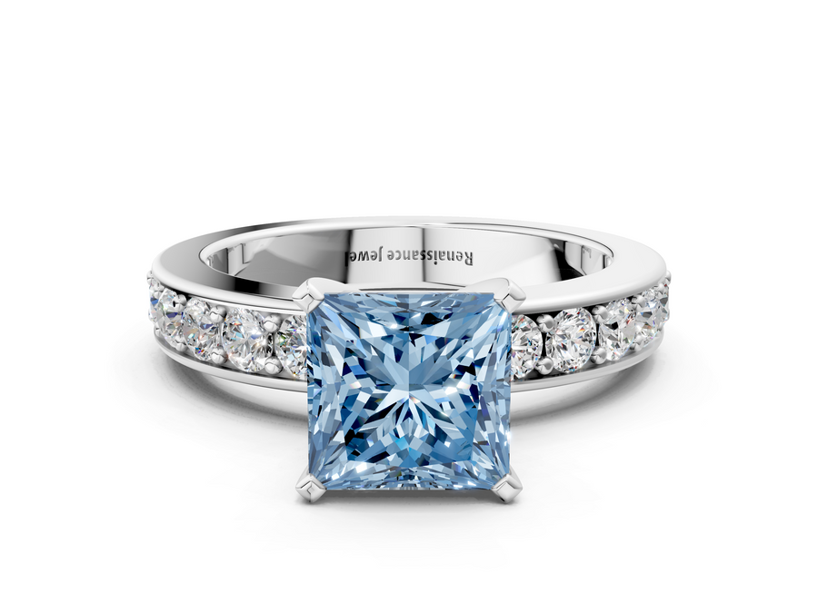 White gold Fancy Blue Princess  Cut Channel Set Diamond Engagement Ring with Four-Prong Setting