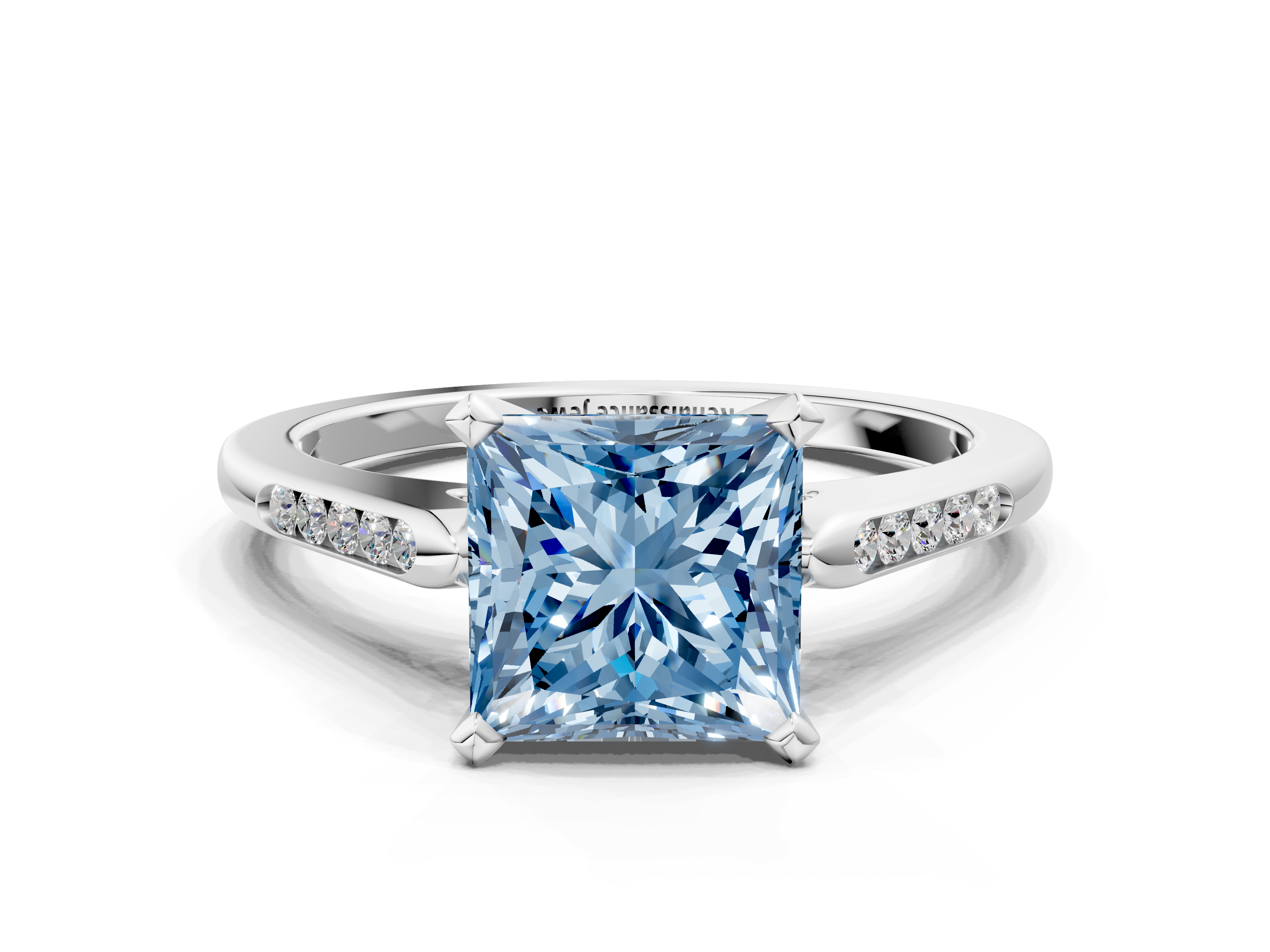White gold Fancy Blue Princess  Cut Channel Set Solitaire Engagement Ring with Four-Prong Setting_242