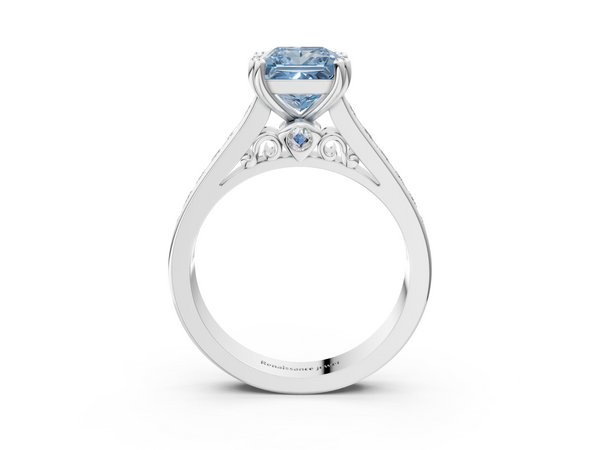 White gold Fancy Blue Princess  Cut Channel Set Solitaire Engagement Ring with Prong Setting