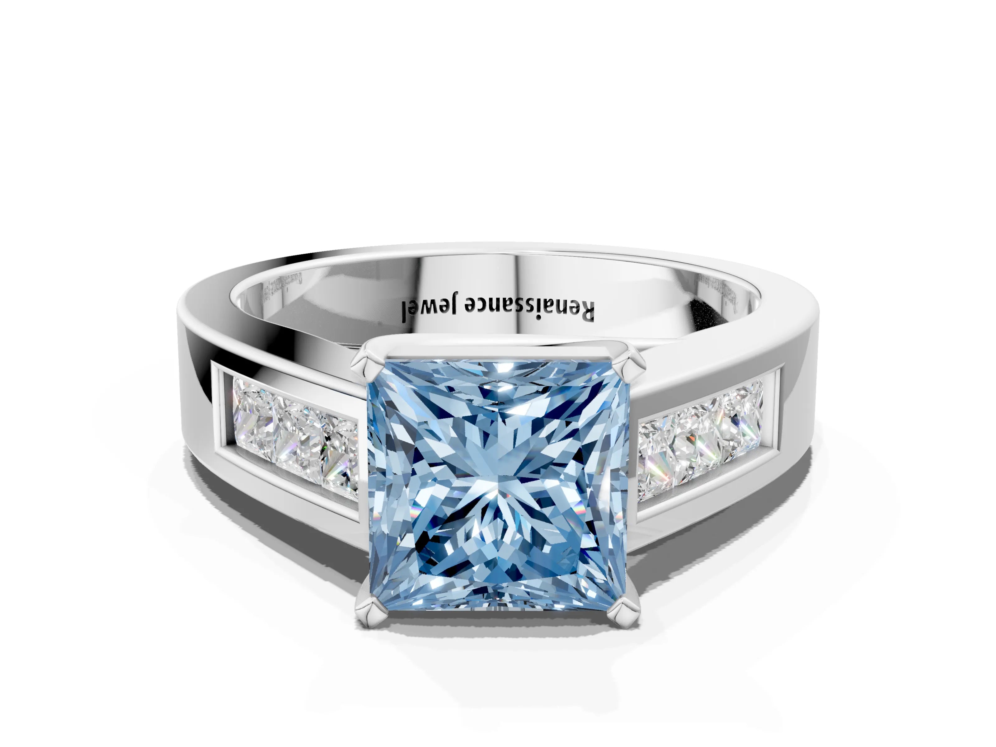 White gold Fancy Blue Princess Cut Cut Channel Set Solitaire Ring with Four-Prong Setting_12