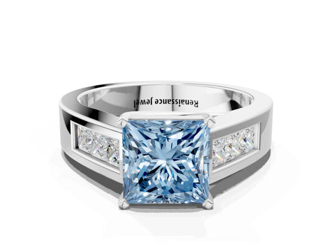 White gold Fancy Blue Princess Cut Cut Channel Set Solitaire Ring with Four-Prong Setting_12