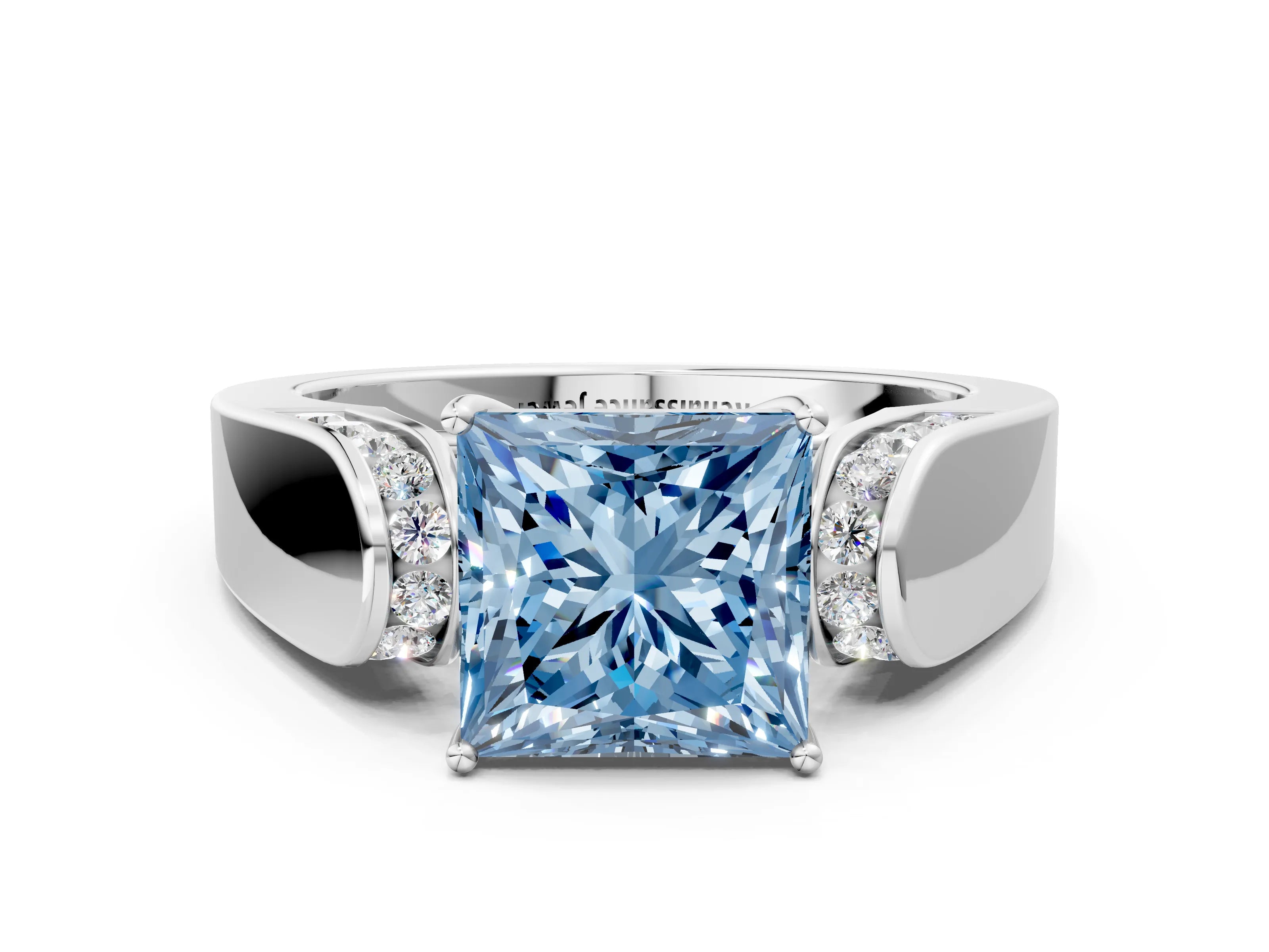 White gold Fancy Blue Princess Cut Cut Diamond Channel Set Solitaire Ring with Four-Prong Setting_24
