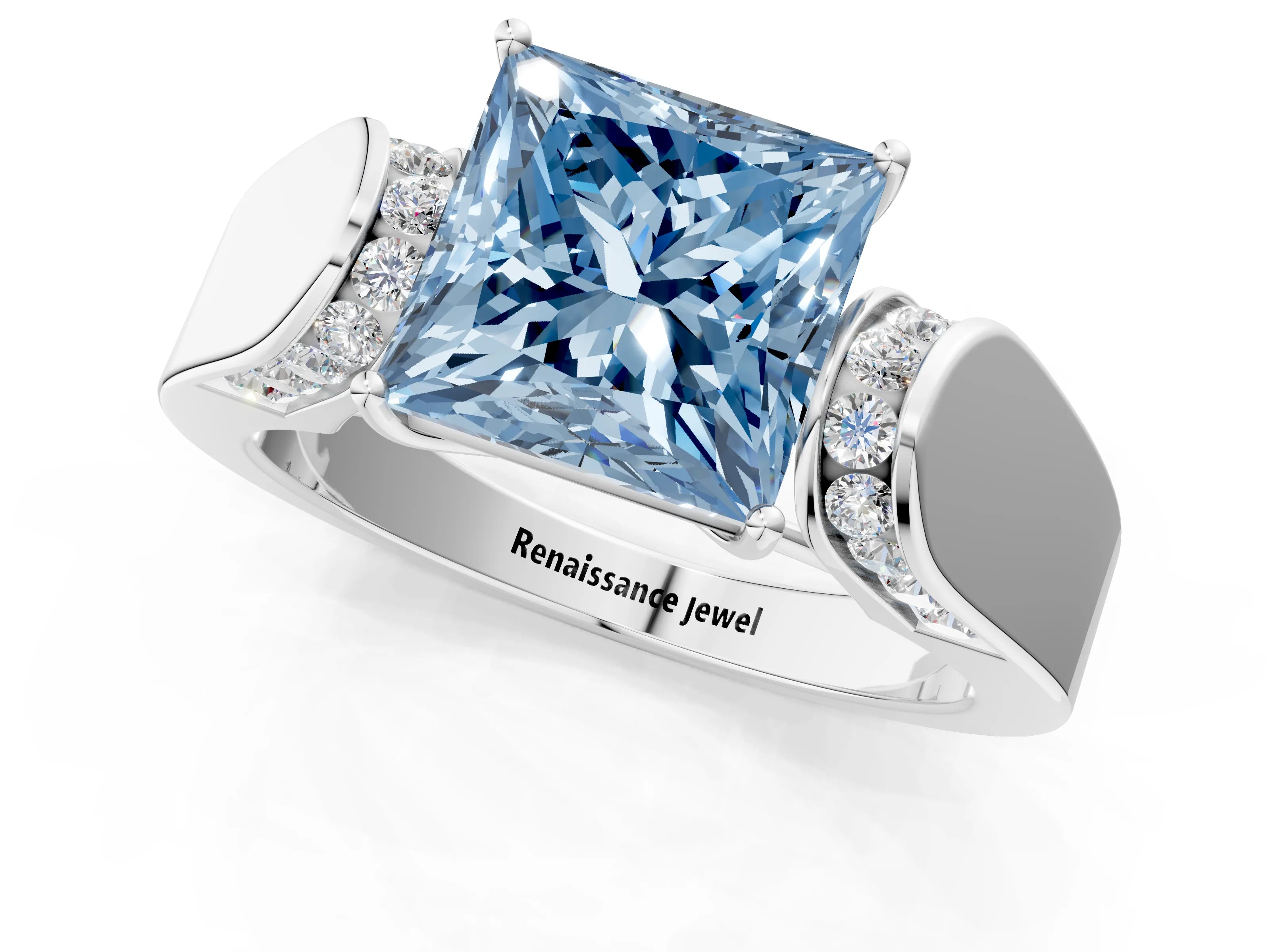 White gold Fancy Blue Princess Cut Cut Diamond Channel Set Solitaire Ring with Four-Prong Setting_25