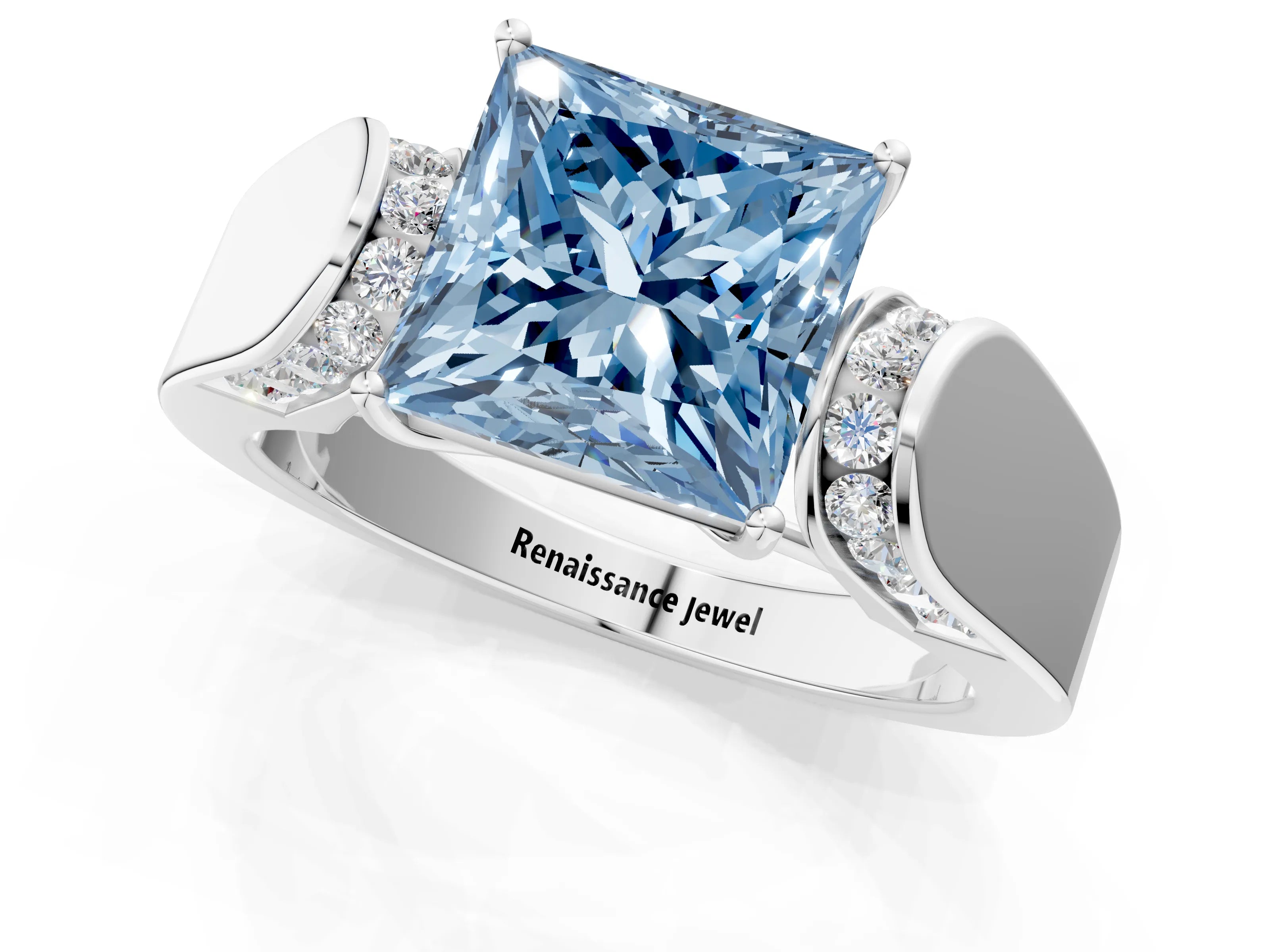 White gold Fancy Blue Princess Cut Cut Diamond Channel Set Solitaire Ring with Four-Prong Setting_85