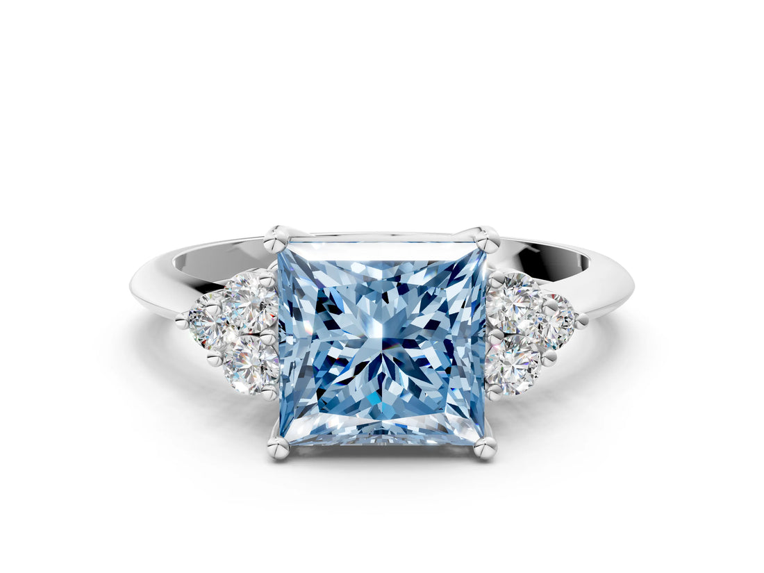 White gold Fancy Blue Princess Cut Cut Diamond Cluster Ring with Solitaire Band and Four-Prong Setting_36