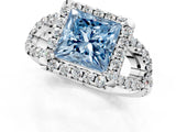 White gold Fancy Blue Princess Cut Cut Diamond Halo Engagement Ring with Open Split Pavé Band_1