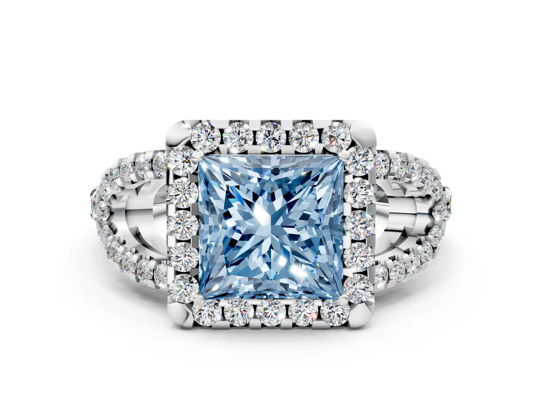 White gold Fancy Blue Princess Cut Cut Diamond Halo Engagement Ring with Open Split Pavé Band