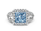 White gold Fancy Blue Princess Cut Cut Diamond Halo Engagement Ring with Open Split Pavé Band