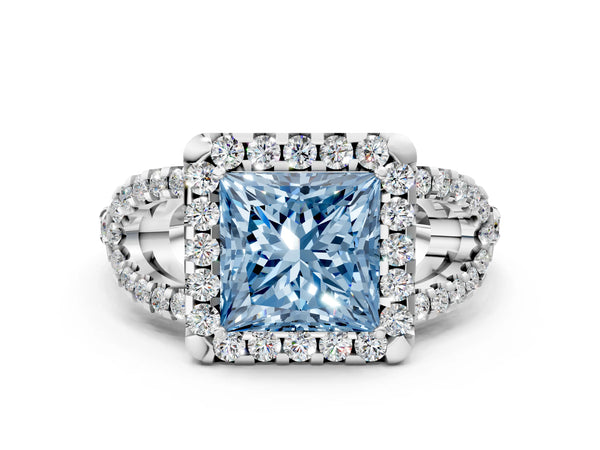 White Gold Princess Cut Split Shank Pave Halo Engagement Ring Setting for Fancy Blue Center