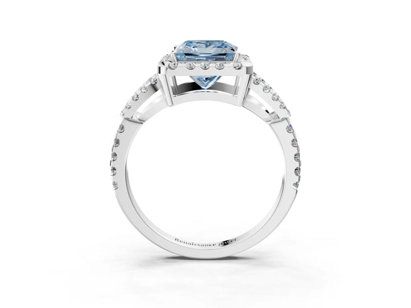 White Gold Princess Cut Split Shank Pave Halo Engagement Ring Setting for Fancy Blue Center