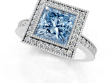 White gold Fancy Blue Princess Cut-Cut Diamond Halo Engagement Ring with Pave Band and Prong Setting_1
