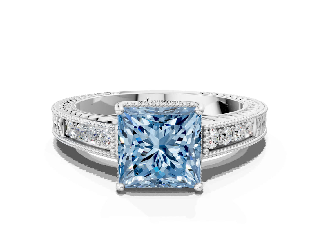 White gold Fancy Blue Princess Cut Cut Diamond Milgrain Pave Band Four-Prong Setting Ring_15