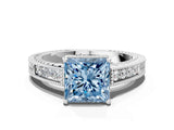 White gold Fancy Blue Princess Cut Cut Diamond Milgrain Pave Band Four-Prong Setting Ring_15