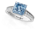 White gold Fancy Blue Princess Cut Cut Diamond Milgrain Pave Band Four-Prong Setting Ring_16