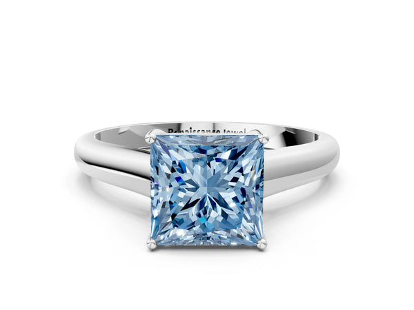 White gold Fancy Blue Princess Cut Cut Diamond Solitaire Engagement Ring with Tapered Plain Band and Four-Prong Setting