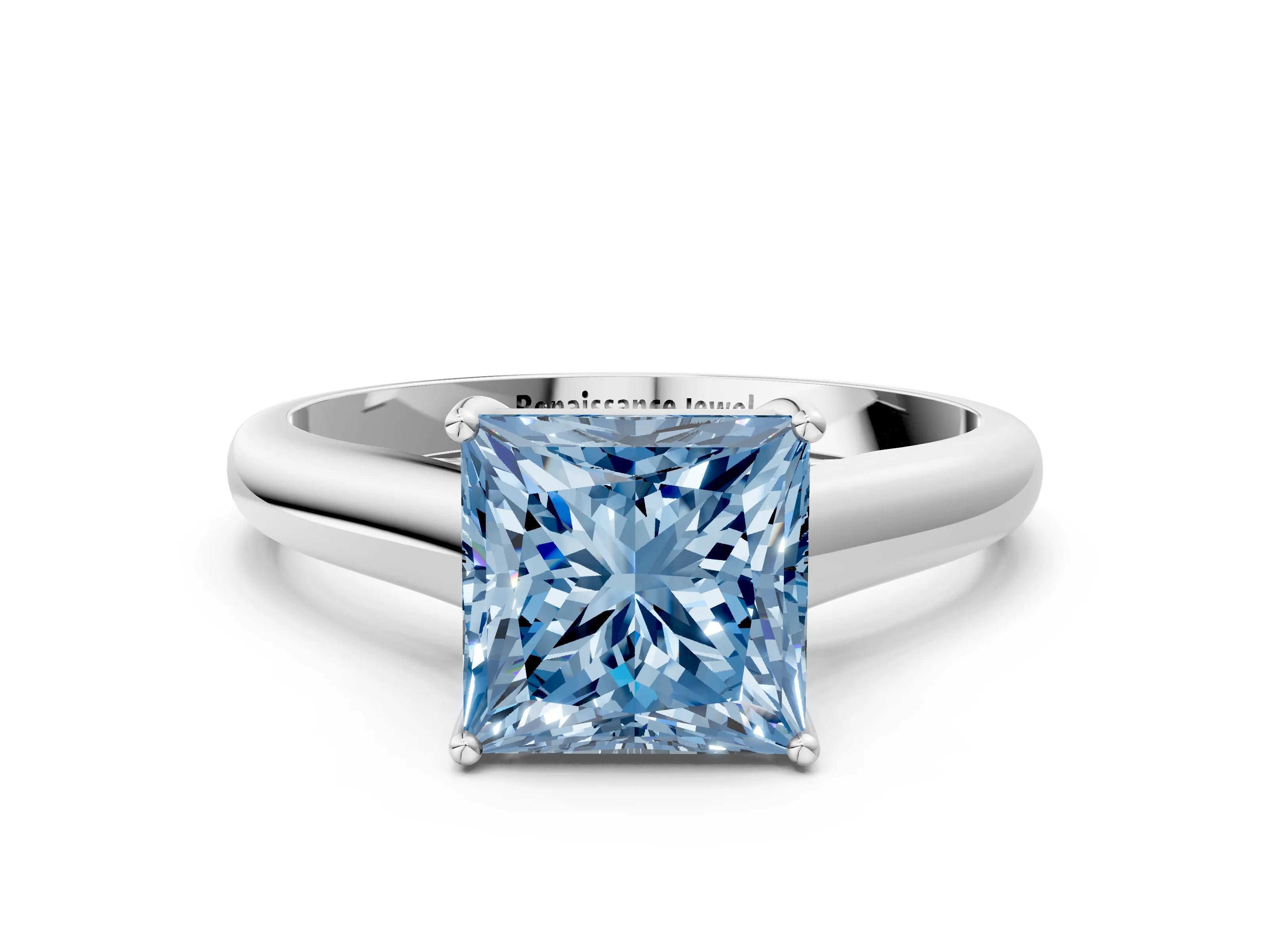 White gold Fancy Blue Princess Cut Cut Diamond Solitaire Engagement Ring with Tapered Plain Band and Four-Prong Setting