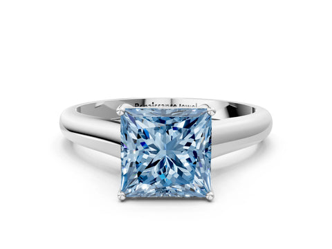 White gold Fancy Blue Princess Cut Cut Diamond Solitaire Engagement Ring with Tapered Plain Band and Four-Prong Setting