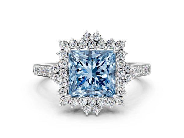 White gold Fancy Blue Princess Cut Cut Diamond Sunburst Halo Engagement Ring with Pavé Band